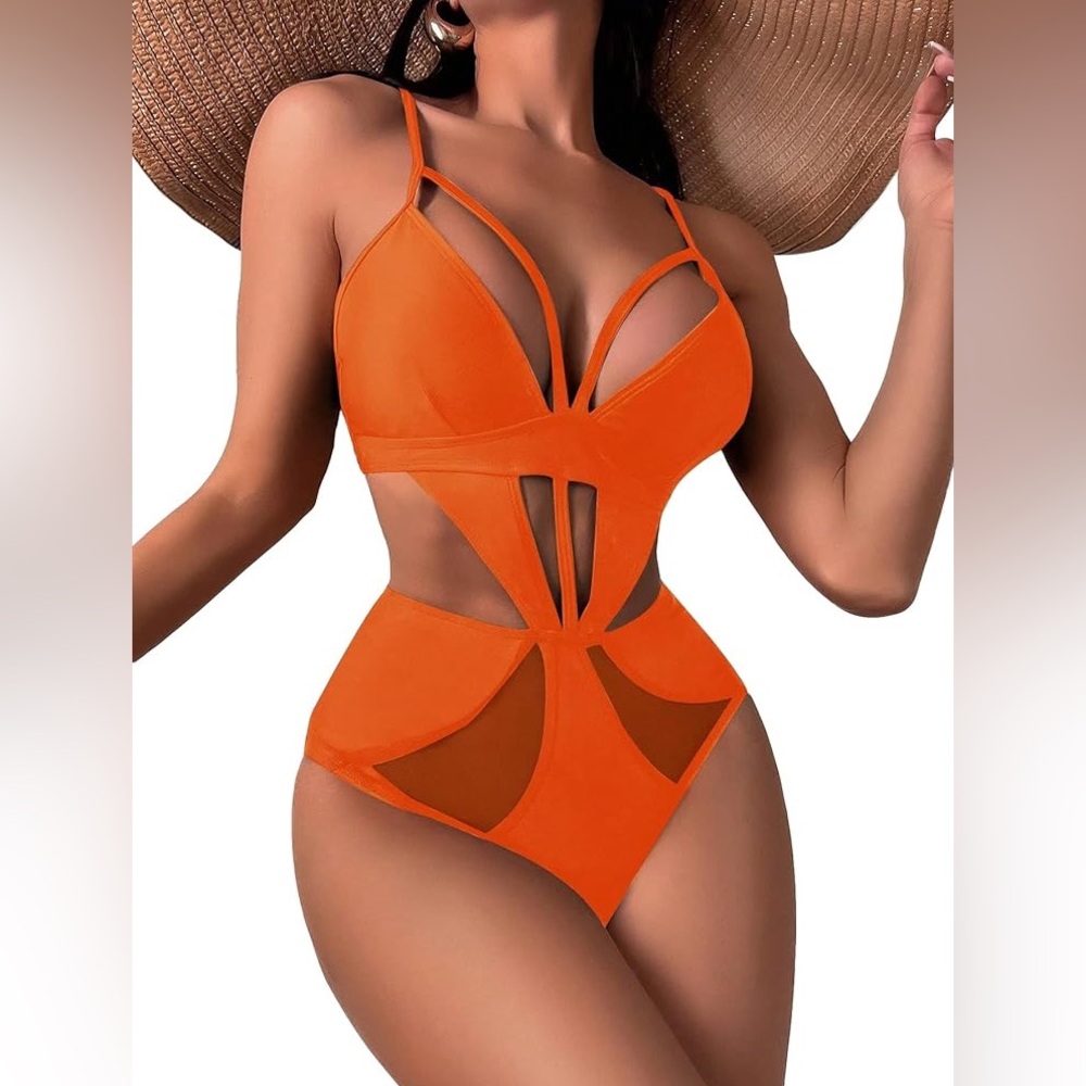 Cut Out Mesh Insert Strappy One Piece Swimsuit